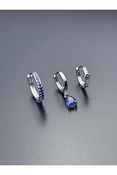 Neon Takı by Atalay Receptivity Tag and Multiple Earrings, Zircon Stone, Blue Mini Stone Earrings 580, Silver Color