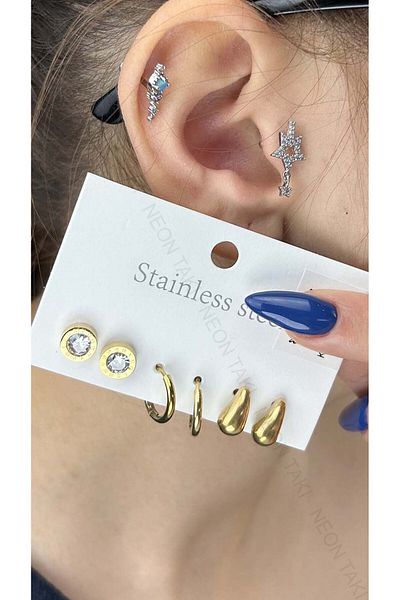 Neon Takı by Atalay Receptivity Tag and Multiple Earrings, Clover, Hoop, Drop Bottega, Stainless Steel Earrings 414, Gold Color