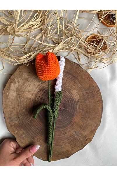 bam shopping world El Yapımı Örgü Çiçek Seti – Turuncu Lale Beyaz Lavanta – D...