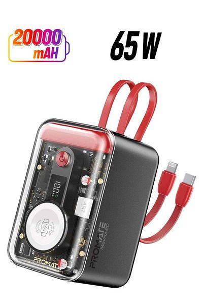 Promate 5-In-1 Power Bank, 20000 mAh with Built-In USB-C, Lightning Cables, PD65W USB-C Port, 27W US