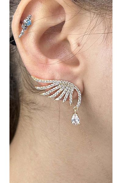 Neon Takı by Atalay Receptivity Sticker and Zircon Stone, Angel Wing, Vip Earrings 602, Gold Color