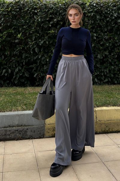 bacc Women's Gray Elastic Waist Pocket Wide Leg Soft Textured Loose Trousers Bcbsk-25700-3391
