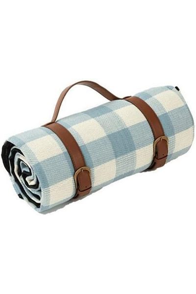 OEM Picnic blanket, with eco-leather handle, 200 x 150 cm, checkered design, Blue and white
