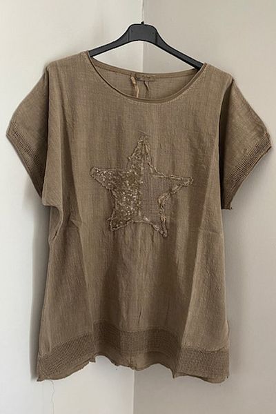 AYASOFYA OTANTIK Γυναικεία καφέ απλικέ παγιέτες με αστέρια μανίκια και άκρα φούστα Διχτυωτή λεπτομέρεια Oversize Casual 100% βαμβακερή μπλούζα