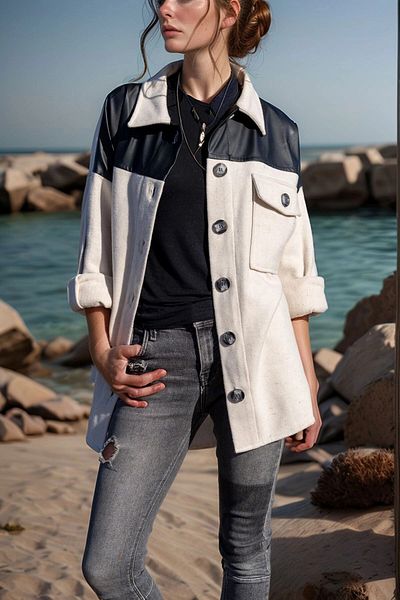 bacc Women's Ecru Stone Leather Garnished Back Printed Stamp Oversize Jacket Shirt Bcbsk-25700-3289