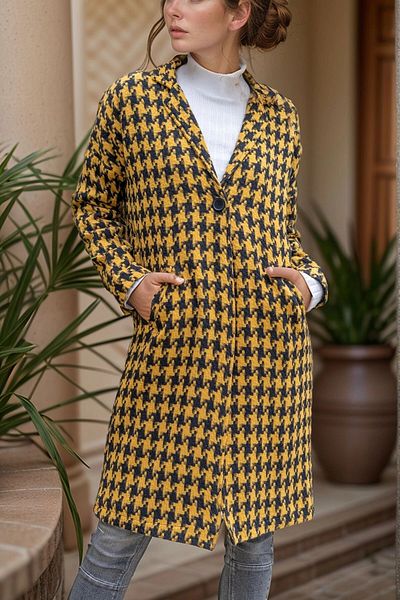 bacc Women's Yellow Lined Houndstooth Patterned Oversize Buttoned Coat with Pockets Bcbsk-25700-3299