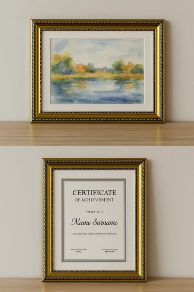 Tuğra Sanat Galerisi A4 Camlı Desenli Altın Renk Çerçeve 3 Cm Paspartulu Dekoratif Duvar Ve Masa Üstü Çerçeve