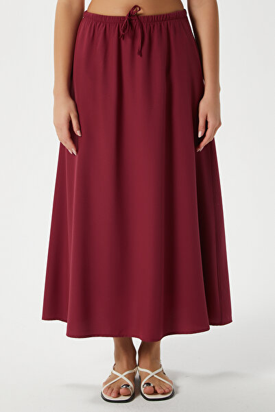 Ritnice Women's Seaside Burgundy Lined Elastic Waist Pocket Woven Long Skirt