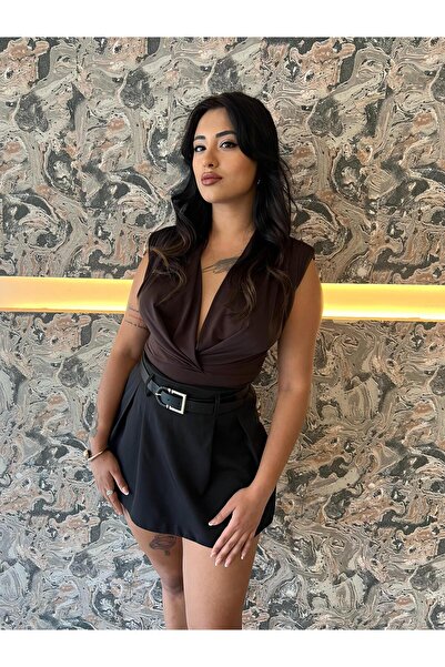 amurpars Women's Blouse with Wrap Collar, Padded and Snap Fasteners, Brown