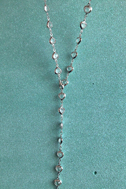 AurorAccessory Volenta Shop Gümüş Renk Beyaz Taşlı Kalpli Y Kolye Dekolte Kol...