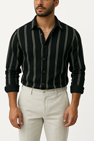 Hazhers Erkek Oversize Gömlek Yaka Uzun Kollu Keten Yazlık Gömlek