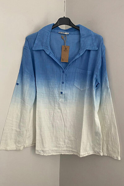 AYASOFYA OTANTIK Cămașă cu nasturi albastră pentru femei, guler, mâneci pliabile, cămașă de in, bluză, tunică