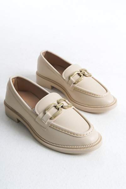 ZOLESSA Kadın Krem Gold Toka Detaylı Şık Günlük Deri Ayakkabı Kısa Topuklu Rahat Makosen Ayakkabı