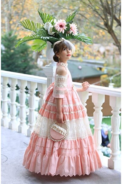 Ribbon kids Uzun Dantel Detaylı Omzu Açık Prenses Elbise + çanta + Kemer + saç bandı 4lü Kombin