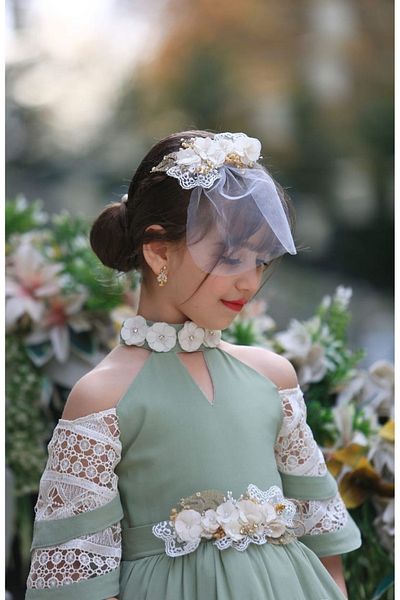Ribbon kids Long Lace Detailed Off-The-Shoulder Princess Dress + Bag + Belt + Hair Band 4-Piece Combination