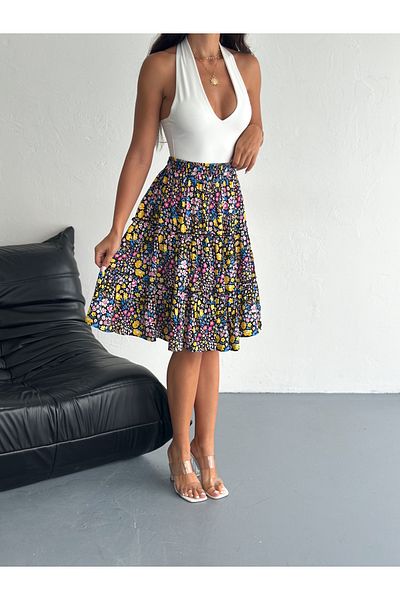 MaxiMor Women S Stylish Floral Print High Waist Skirt - A-Line, Knee Length, Spring/Summer Fashion