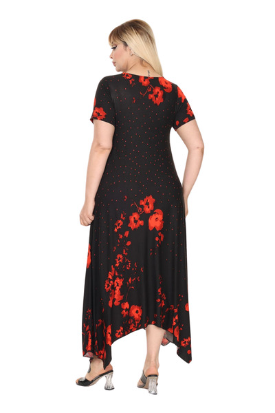 MELSAY Women's Short Sleeve Asymmetrical Cut Red Polka Dot Ferret Pattern Large Size Dress