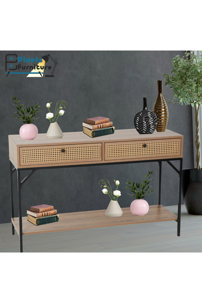 PixelsFurniture Pixel Furniture Console Table, Entryway with Wood Top and Metal Ends, Versatile