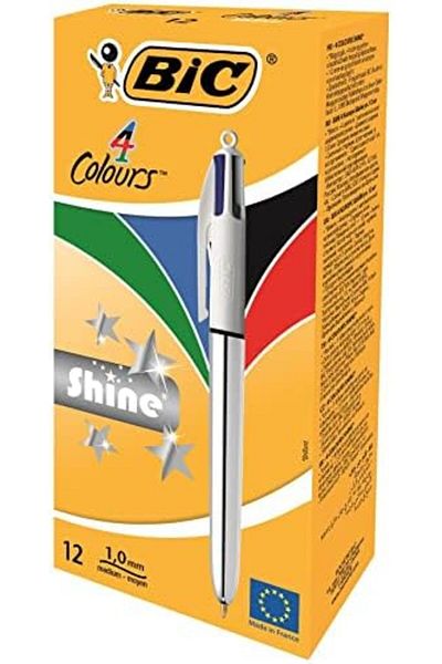 STOREMAX Ntwork 4 Colors Shine Silver Body Ballpoint Pen Box of 12, 4 Colors (Blue, Black, Green and Red)