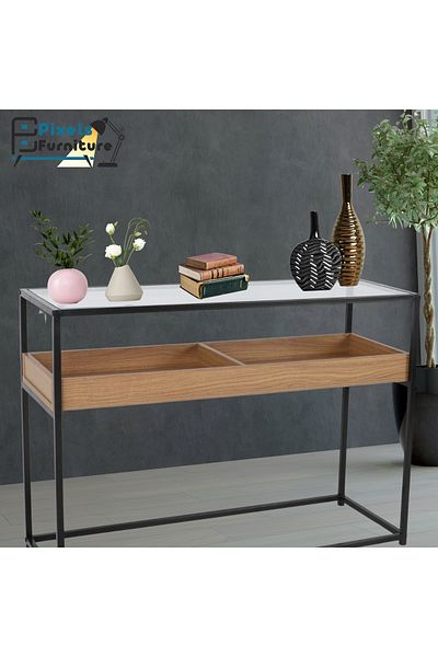 PixelsFurniture Pixel Furniture Console Table, Entryway with Wood Top and Metal Ends, Versatile