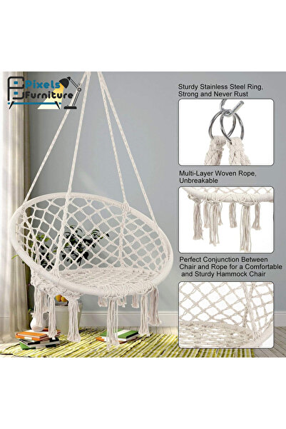 PixelsFurniture Pixel Furniture Hanging Swing Chair Handmade from Cotton Rope for Indoor and Outdoor Use