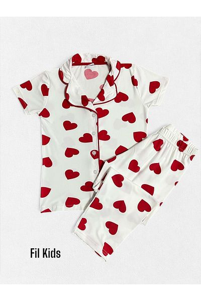 Fil Kids Set de pijamale cu mânecă scurtă, 100% bumbac, alb, cu inimă, cu guler de cămașă, cu nasturi roșii