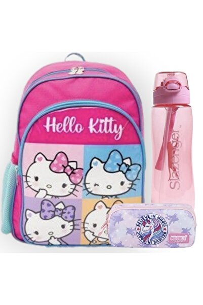Hello Kitty Lisanslı Okul Çantası , Lisanslı Çift Gözlü Kalem Çantası - Lisanslı Suluk&Matara Hediye