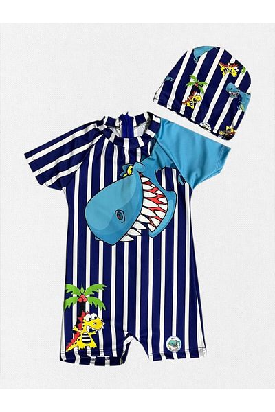 Fil Kids Boy's Navy Blue Color Striped Dinosaur Pattern Short Sleeve Tight Woven Quick Dry Boned Swimsuit