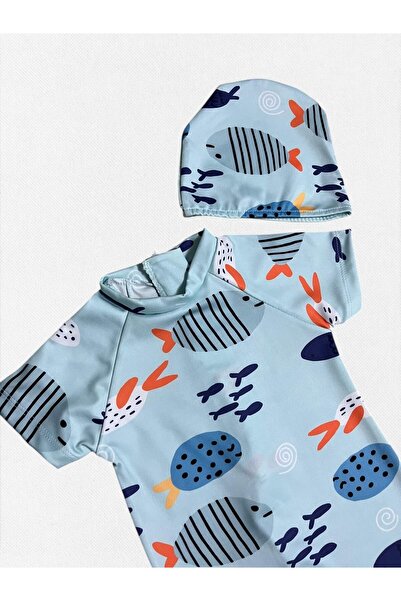 Fil Kids Erkek Çocuk Açık Mavi Balıklar Desenli Kısa Kollu Sık Dokuma Hızlı Kuruyan Boneli Mayo