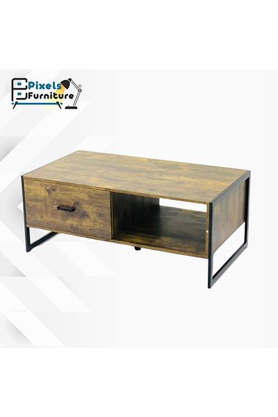 PixelsFurniture Pixel Furniture 2-Tier Coffee Table with Wood Top, Lower Shelf with Storage Drawer and Metal Ends