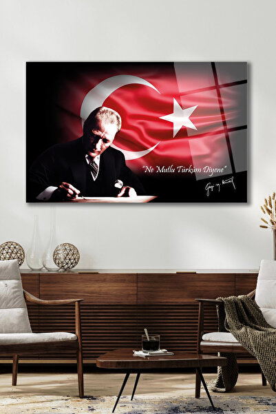 home dekors Atatürk Portresi ve Türk Bayrağı Ne Mutlu Türküm Diyene Cam Tablo İş Ofis Makam Odası Hediyelik