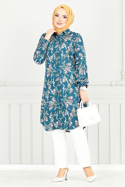 ModaMerve Tunica Hijab cu Motiv Floral 0174BGS895-M Petrol