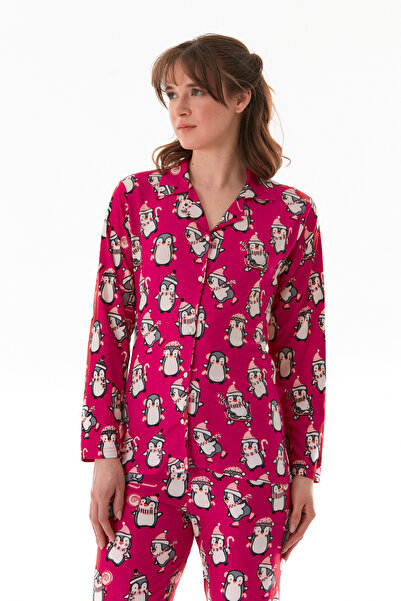 Fulla Moda Penguen Desenli Gömlek Yaka Süet Pijama Takımı