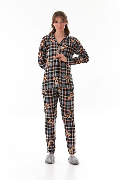 Fulla Moda Teddy Bear Patterned Shirt Collar Suede Pajama Set
