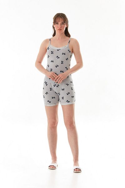 Fulla Moda Σετ πιτζάμες με δαντελένιο σορτς με φιόγκο