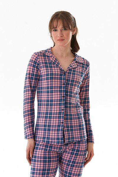 Fulla Moda Plaid Patterned Shirt Collar Suede Pajama Set