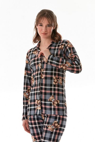 Fulla Moda Teddy Bear Patterned Shirt Collar Suede Pajama Set