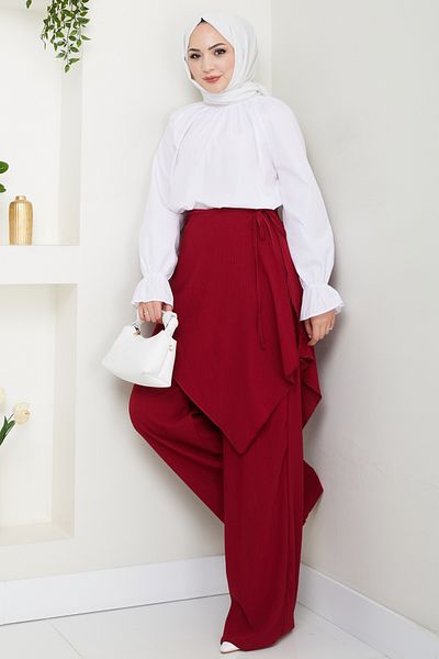 InStyle Pantaloni din crep burgundy cu detaliu de cravată încrucișată