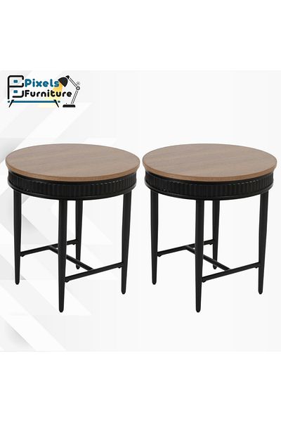 PixelsFurniture Set of 2 Sturdy Round Side Tables from Pixel Furniture for Coffee with Wood Top and Metal Bases