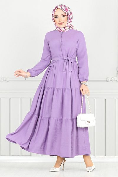 ModaMerve Aerobin Dress with Elastic Cuffs 6094Tge913-M Dark Lilac
