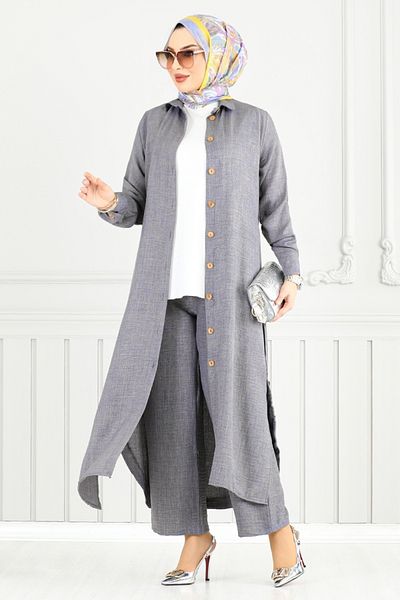 ModaMerve Front Buttoned Linen Suit 833Ozr1047-M Anthracite