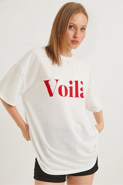 Raneel Kazançlı Alışveriş Tricou oversize cu două fire cu imprimeu Voila, alb