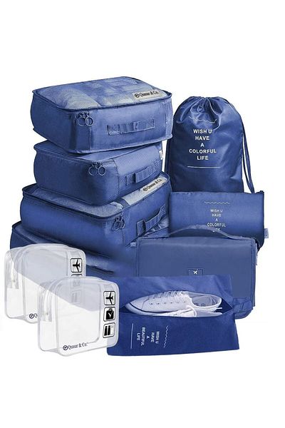 Quasar & Co. Set of 8 Luggage Organizer Covers with 2 Cosmetic Bags, Trolley Accessories, Navy Blue