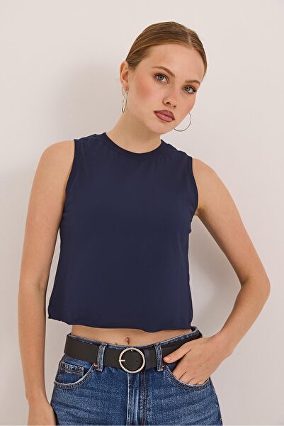 Raneel Kazançlı Alışveriş Zero Sleeve Round Neck Cool Crop Tshirt Navy Blue