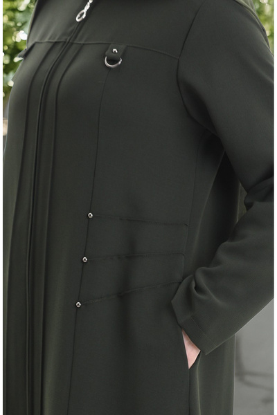 sefamerve Large Size Metal Bead Zippered Ferace 6148-05 Khaki