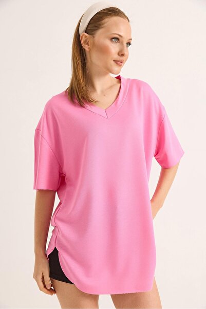 Raneel Kazançlı Alışveriş V-Neck Back Long Basic Tshirt Pink
