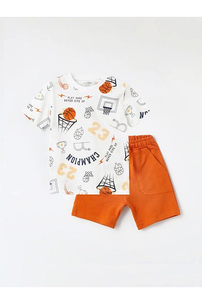 LC Waikiki Lcw Kids Ecru Crew Neck Printed Baby Boy T-Shirt and Shorts Set of 2