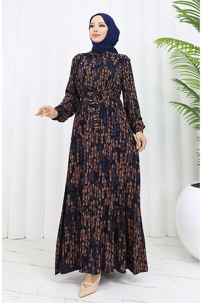 sefamerve Φόρεμα με ζώνη από ύφασμα βισκόζης 4075-02 Navy Blue