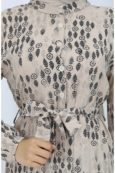 sefamerve Viscose Fabric Buttoned Belted Dress 4075-04 Mink