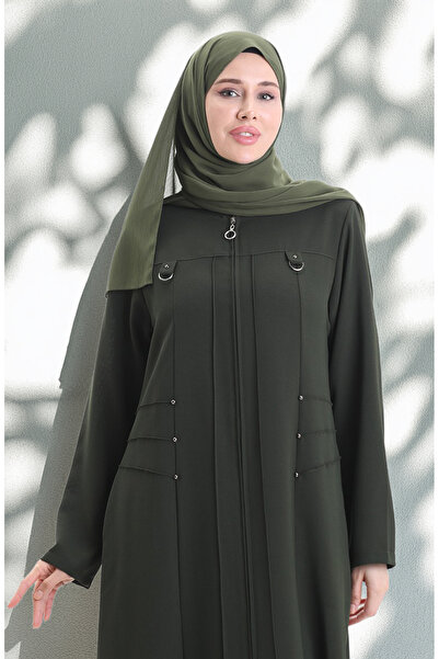 sefamerve Large Size Metal Bead Zippered Ferace 6148-05 Khaki